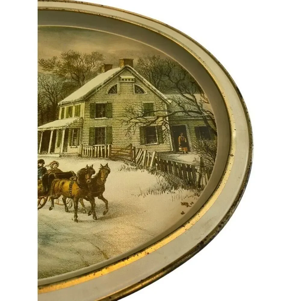 Currier and Ives The American Homestead Metal Tray Serving Vintage Winter